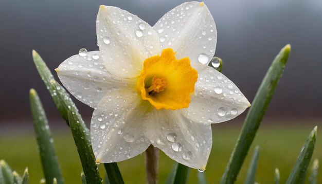 Photo a solitary lily with dewdrops on its petals