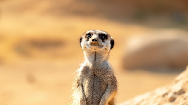 Photo a solitary meerkat stands vigilant on the savannah its gaze piercing through the golden light