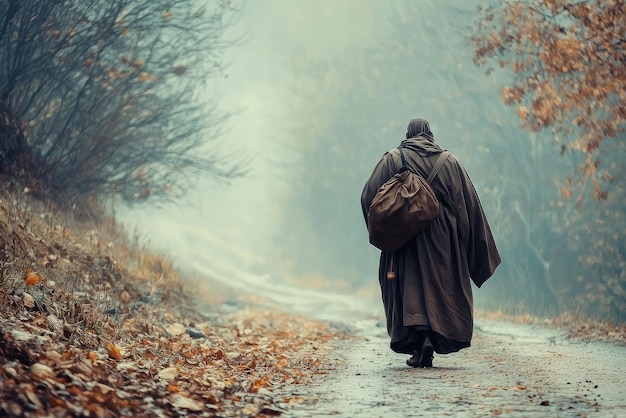 A solitary monk embarks on a long pilgrimage through the misty woods embodying serenity on a reflective journey