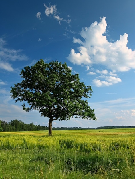 Solitary Oak Tree in Lush Green Field Under Blue Sky with Fluffy Clouds