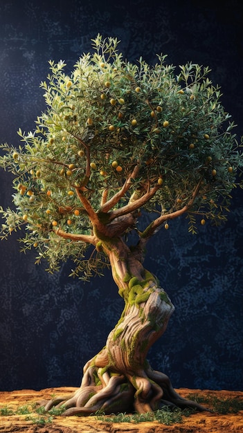 A solitary olive tree its gnarled roots and branches reaching towards the sky