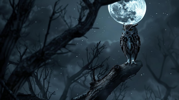 Photo a solitary owl perches on a branch under a full moon silhouetted against a dark starlit sky