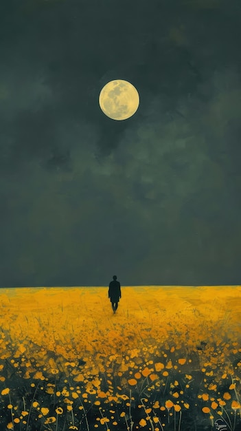 A solitary person gazes at the moon in the wilderness