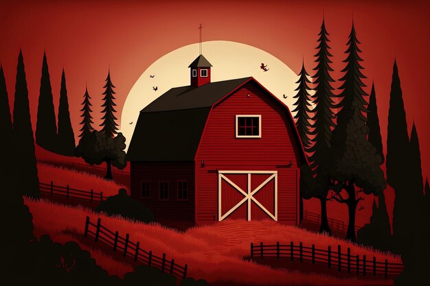 Solitary red barn shown in a cartoon