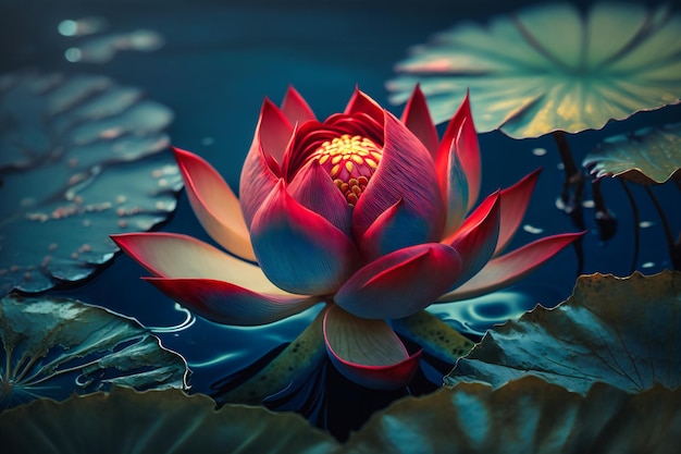 A solitary red lotus flower blossoms in a serene aquatic setting framed by dark blue foliage