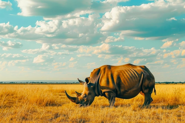 A solitary rhinoceros grazes on the sparse vegetation of the African savanna