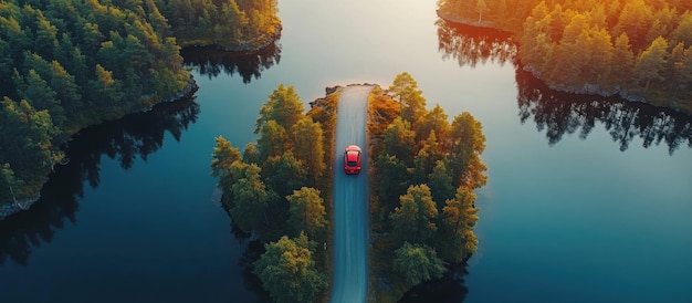 Photo solitary road through forest and water