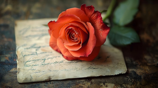 Photo a solitary rose resting on a handwritten letter evoking timeless romance and longing