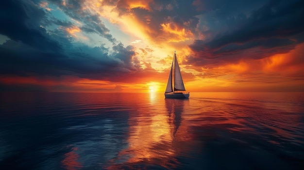 Photo a solitary sailboat gliding on a tranquil ocean during a stunning sunset with vibrant and dramatic skies reflecting on the water