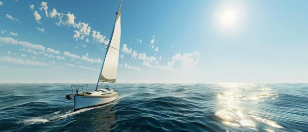 Photo a solitary sailboat journeys towards the sunlit horizon embracing the vastness of the open sea