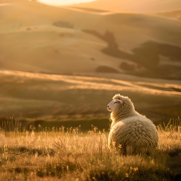 Solitary Sheep Bathed in Warm Golden Light Amid Picturesque Rolling Hills