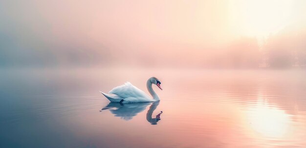 Photo solitary swan in a misty sunrise