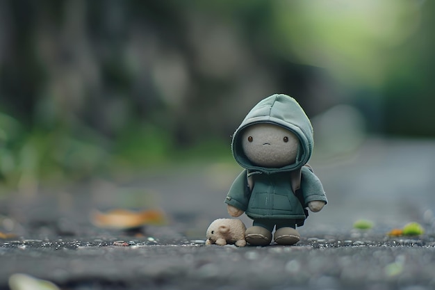 Photo solitary toy stands on a path with its little dog beside it