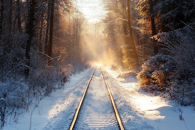 Photo a solitary train track winds through a snowcovered forest bathed in golden sunlight filtering through the trees creating an ethereal and peaceful atmosphere