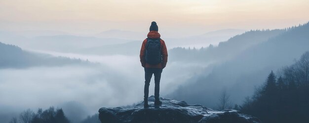 Photo a solitary traveler stands on a rocky ledge gazing at serene fogcovered mountains at dawn