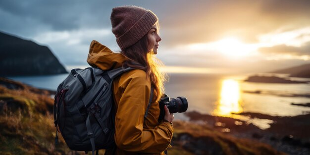 Photo solitary traveler a stunning view of a young woman hiker enjoying the freedom and adventure of a summer mountain trek