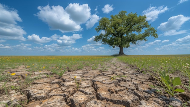 Solitary Tree Amidst Cracked Earth and Expansive Sky