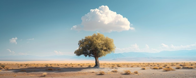 Solitary tree under a fluffy cloud in a desert landscape