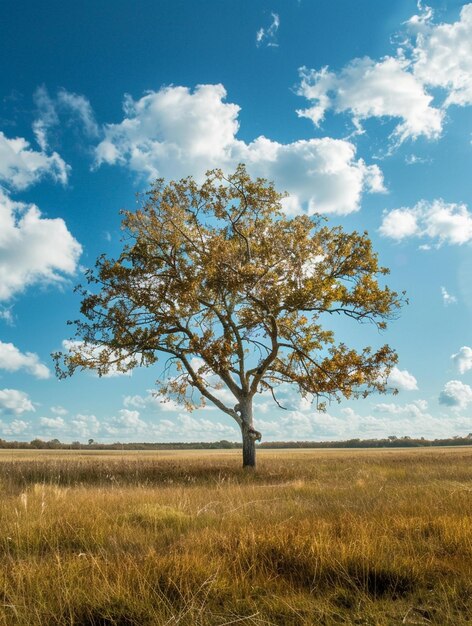 Solitary Tree in Golden Field Under Blue Sky with Clouds