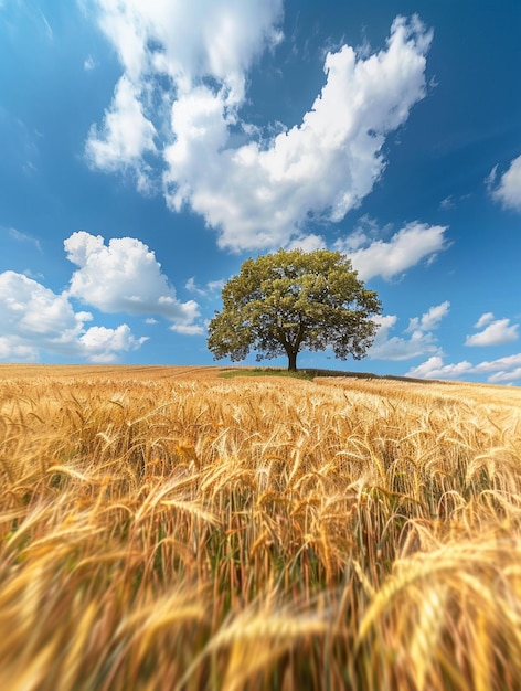 Solitary Tree in Golden Wheat Field Under Blue Sky with Clouds