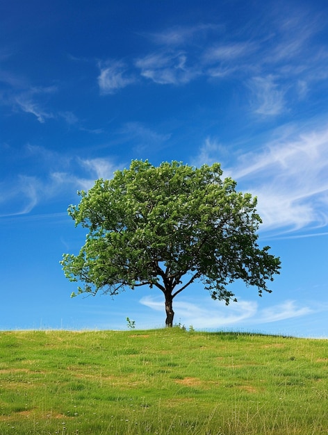 Solitary Tree on Green Hill Under Blue Sky