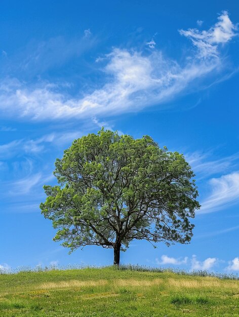 Solitary Tree on Hill Under Blue Sky with Whimsical Clouds