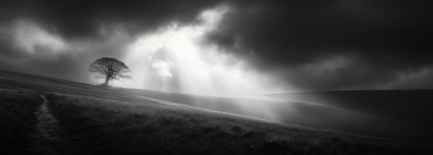 Photo solitary tree on a hillside under a cloudy sky