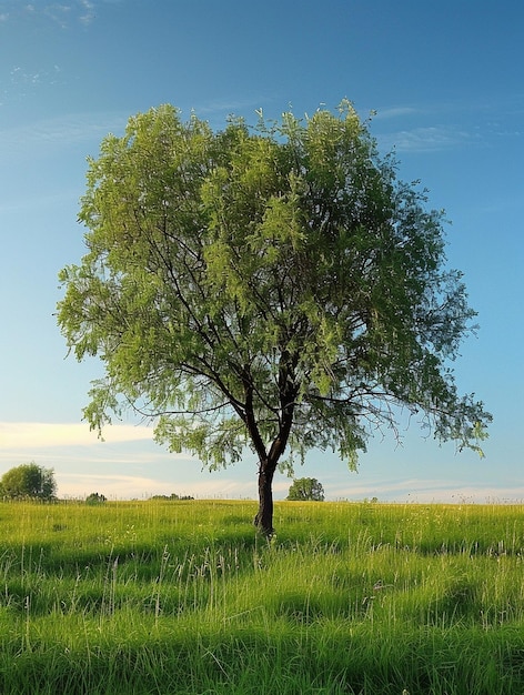 Solitary Tree in Lush Green Field Under Clear Blue Sky