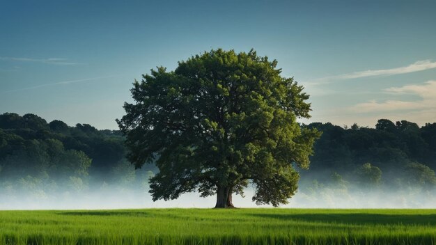 Solitary tree in a lush green field under a vast blue sky