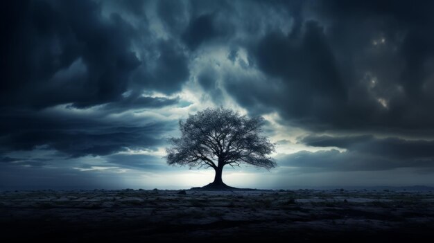 A solitary tree outline against a dark and turbulent sky silhouette concept