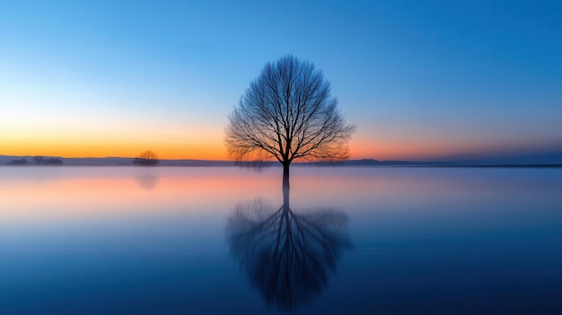 Solitary tree reflects beautifully in serene water at sunset showcasing the tranquility and beauty of nature