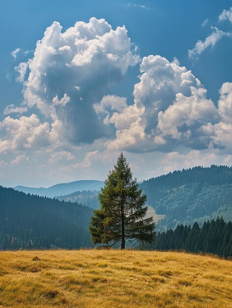 Photo solitary tree in scenic mountain landscape with dramatic clouds