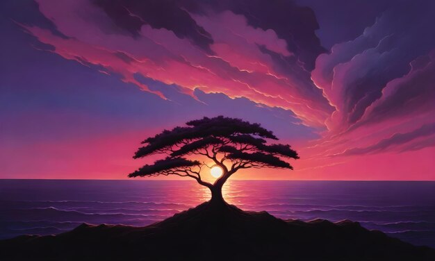 A solitary tree on a small hill with the sun setting directly behind it casting a silhouette