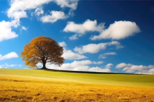 Solitary tree standing in an open field under a bright blue sky