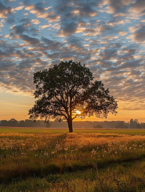 Solitary Tree at Sunrise in Tranquil Meadow