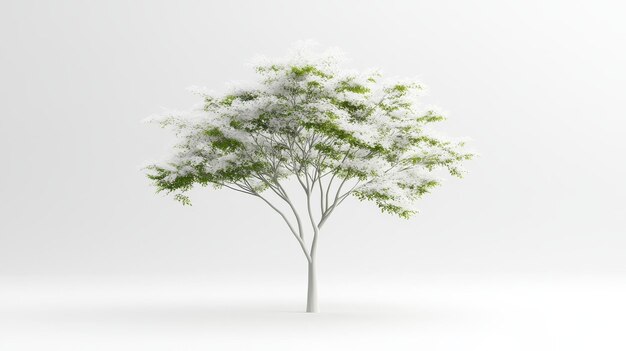 Photo a solitary tree with white bark and green foliage stands against a minimalist white backdrop t