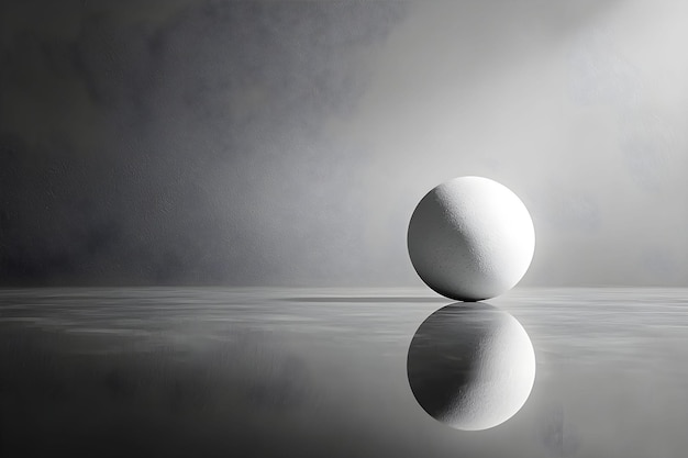 Photo a solitary white sphere rests on a reflective surface in soft light