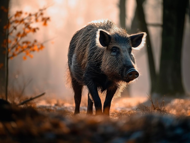 Solitary wild boar in the wild and in freedom