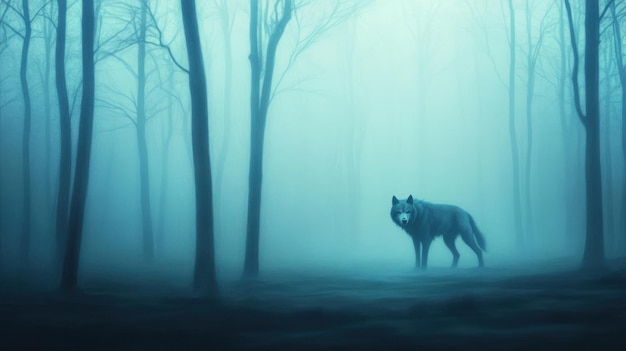 Photo a solitary wolf stands amidst a foggy forest creating an atmosphere of mystery and wild beauty