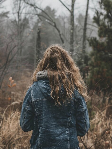 Solitary Woman in Denim Jacket Exploring Misty Forest