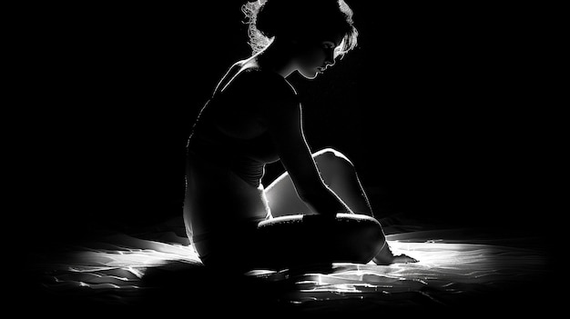 Photo solitary woman sits in shadow embodying deep emotional struggles her posture and the play of light