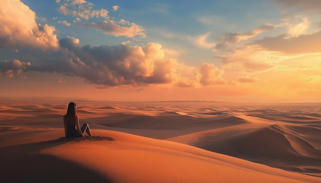 Photo a solitary woman sits on a vast expanse of desert dunes during a balmy summer evening contemplatin