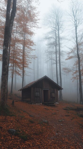 Photo a solitary wooden cabin in a foggy forest during autumn with falling leaves and tall trees creating an eerie atmosphere