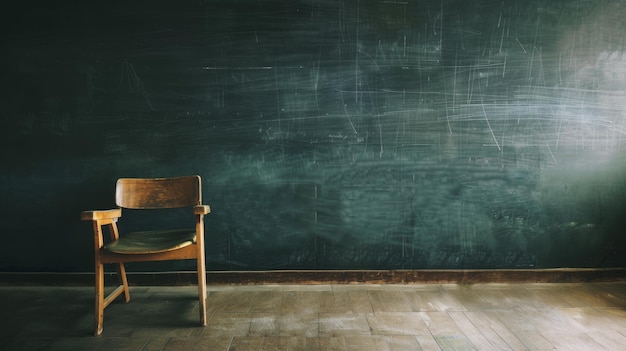 Photo a solitary wooden chair faces a classrooms wellworn chalkboard embodying nostalgia and silent stories of lessons past