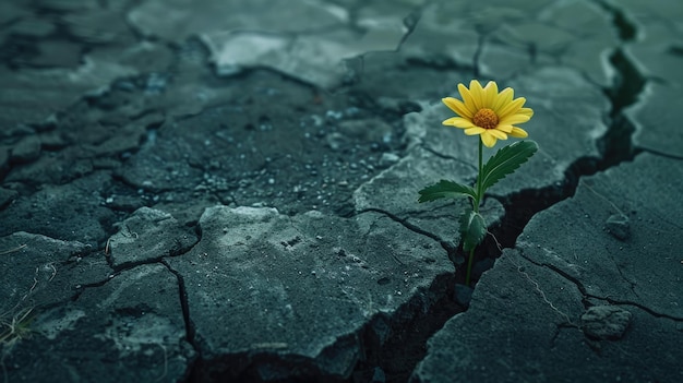 Solitary yellow flower grows through cracked dry earth symbolizing resilience and hope