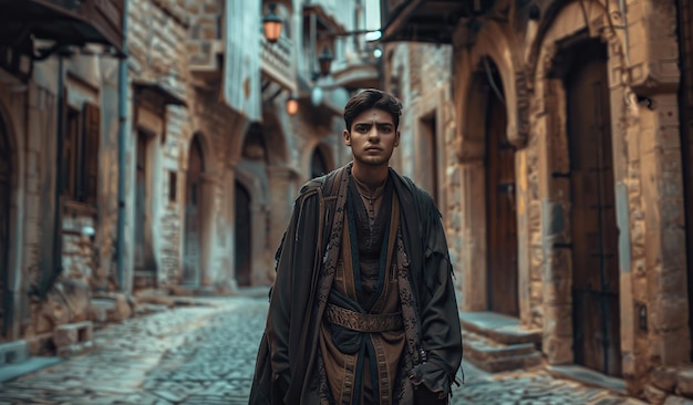 Solitary young adult wandering in an ancient city alley