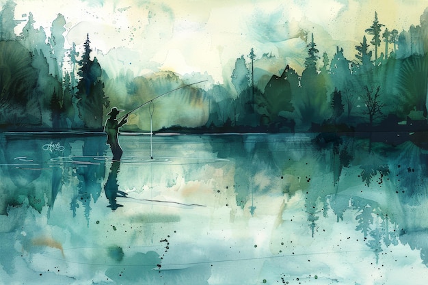 Solitude on the Lake A Watercolor Painting of a Fisherman in Nature A serene watercolor painting