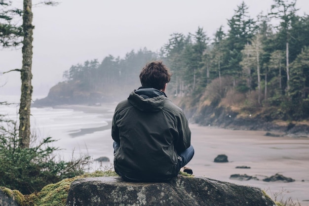 Solitude Man Sitting on Rock Overlooking Misty Coastal Forest and Beach