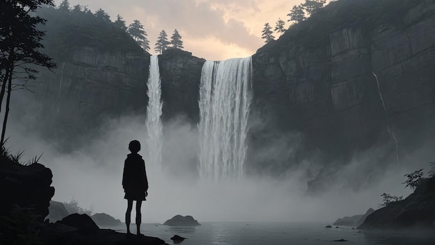 Photo solitude in mist anime style silhouette by waterfall