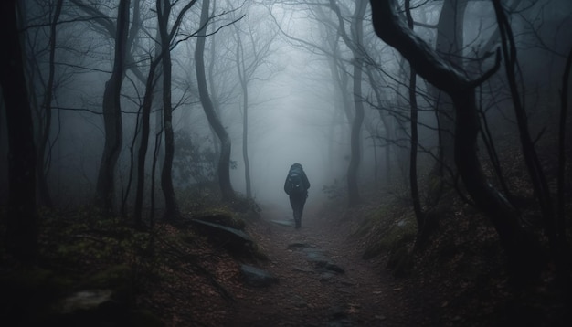 Solitude in spooky forest one person walking generated by AI